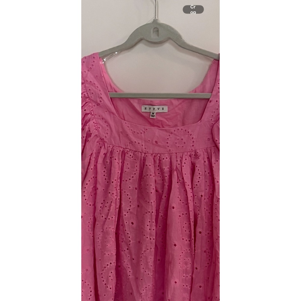 Hyfve Pink Eyelet Babydoll Top Square Neck Puff Sleeve Tie Detail Women Medium - Picture 2 of 10